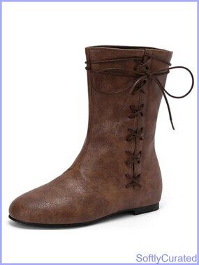 Women Vintage Flat Ankle Boots Round Toe Lace Up Medieval Costume Boots
